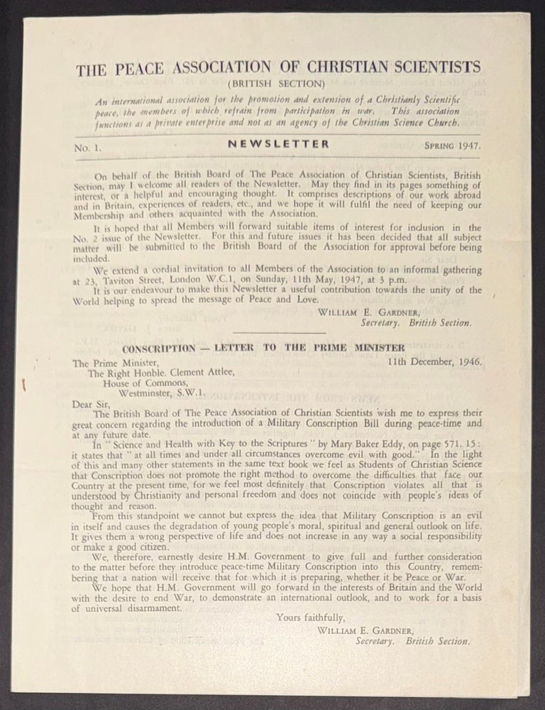 Cat.No: 350360 The Peace Association of Christian Scientists (British Section). Newsletter. No. 1 (Spring 1947)