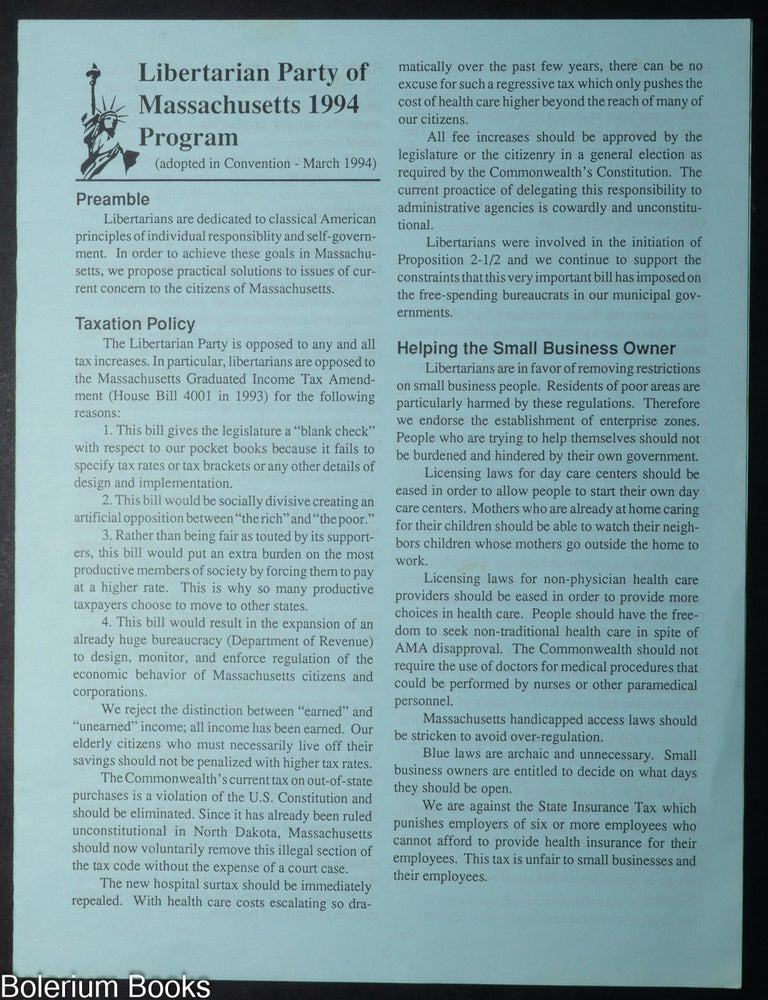 Cat.No: 350867 Libertarian Party of Massachusetts 1994 Program (adopted in Convention