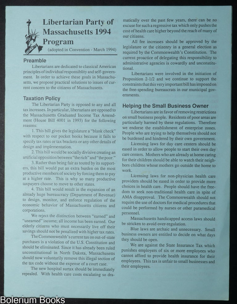 Cat.No: 350867 Libertarian Party of Massachusetts 1994 Program (adopted in Convention