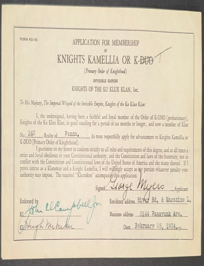 Cat.No: 350960 Application for Membership in Knights Kamellia or K-Duo (Primary Order of Knighthood),the Invisible Empire, Knights of the Ku Klux Klan, inc.