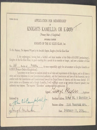 Cat.No: 350960 Application for Membership in Knights Kamellia or K-Duo (Primary Order of...