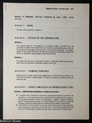 Cat.No: 351152 Bylaws of Nomenus, Revised (Adopted by June, 1987, Great Circle