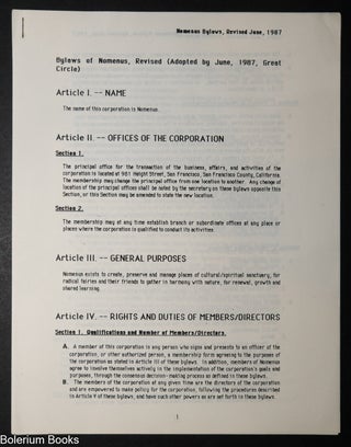 Cat.No: 351152 Bylaws of Nomenus, Revised (Adopted by June, 1987, Great Circle
