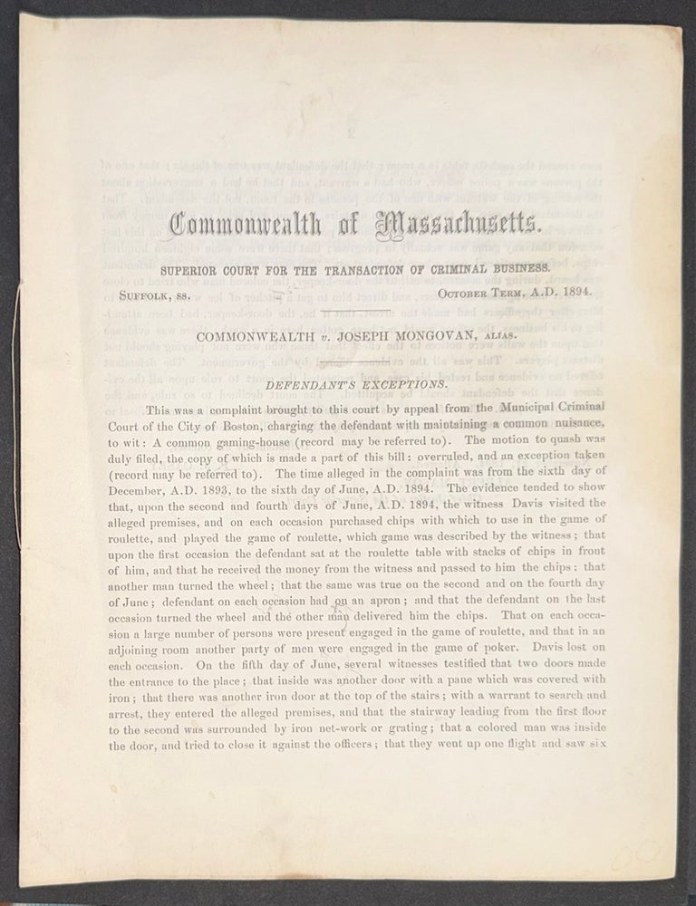 Cat.No: 351158 Commonwealth v. Joseph Mongovan, alias. Defendant's exceptions [court record of a case against an Irish-American gambling house owner]. Joseph Mongovan.