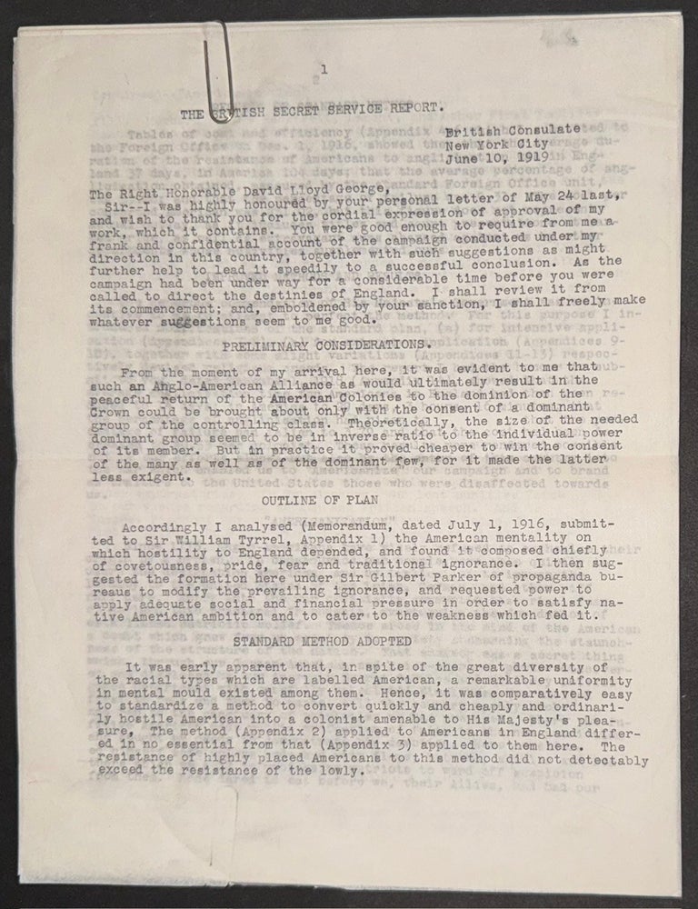 Cat.No: 351169 The British Secret Service Report. British consulate, New York City, June 10, 1919 [typed copy]