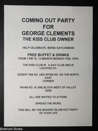 Cat.No: 351199 Coming out party for George Clements, the Kiss Club owner [flyer