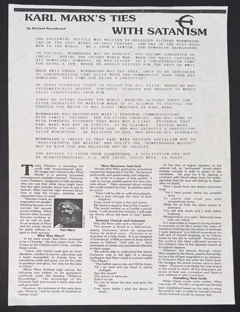 Cat.No: 351327 Karl Marx's ties with Satanism [handbill]. Richard Wurmbrand.