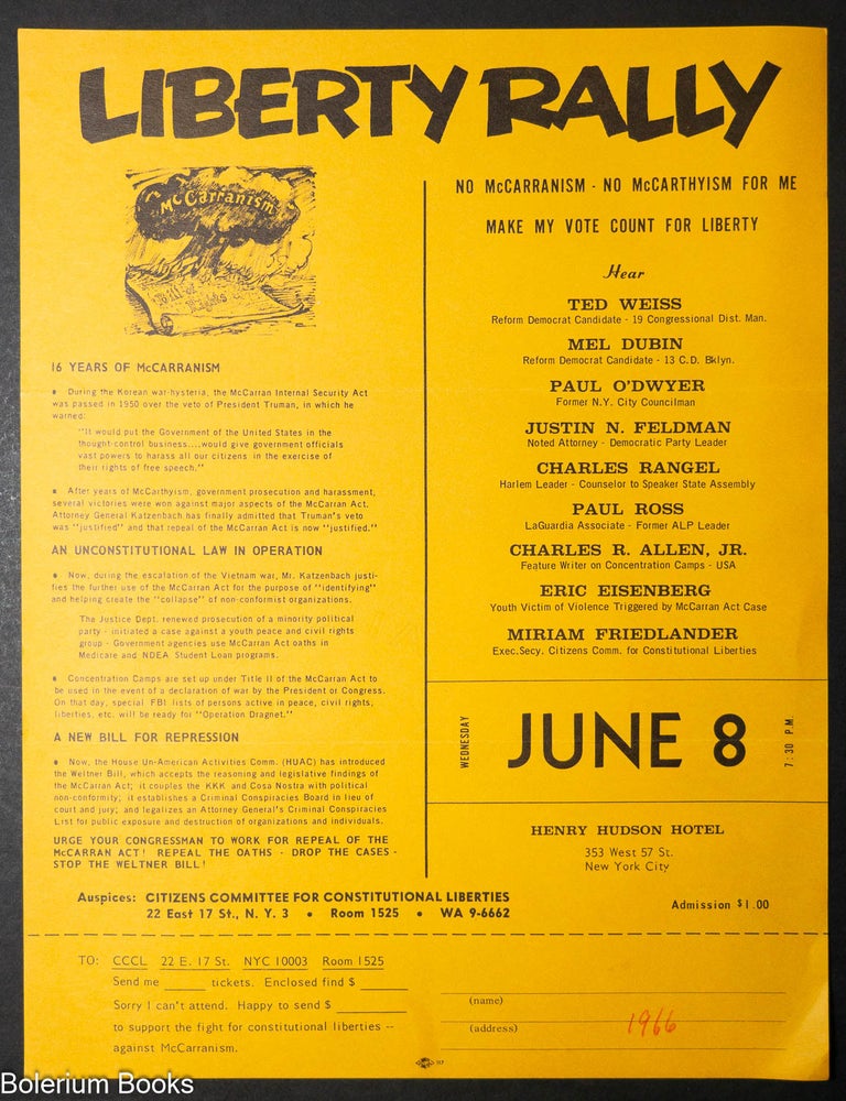 Cat.No: 351504 Liberty Rally. No McCarranism, No McCarthyism for Me, Make My Vote Count for Liberty [handbill]