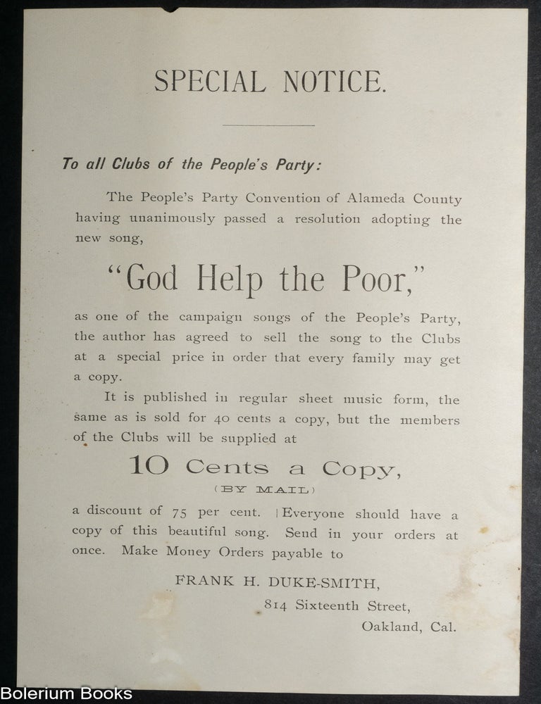 Cat.No: 351636 Special notice. To all clubs of the People's Party [first line]. Frank H. Duke-Smith.