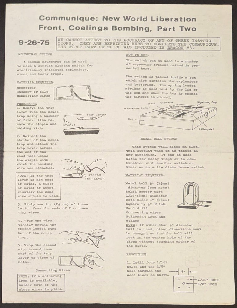 Cat.No: 351693 Communique: New World Liberation Front, Coalinga Bombing, Part Two [handbill]. New World Liberation Front.