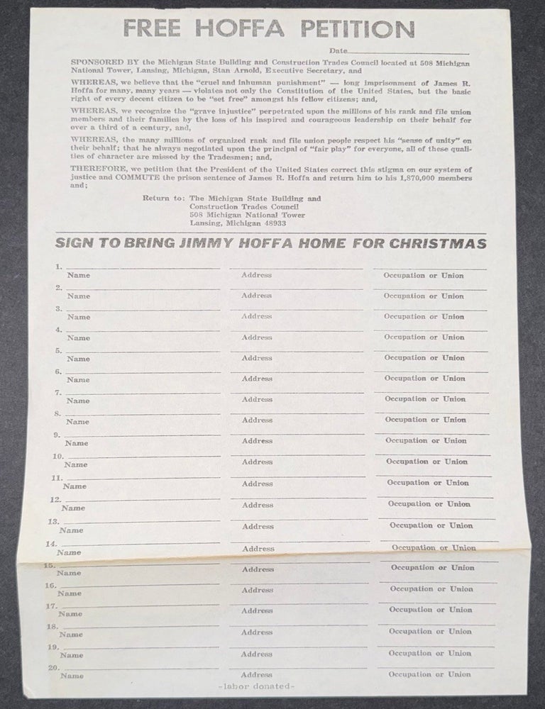 Cat.No: 351902 Free Hoffa Petition. Jimmy Hoffa.