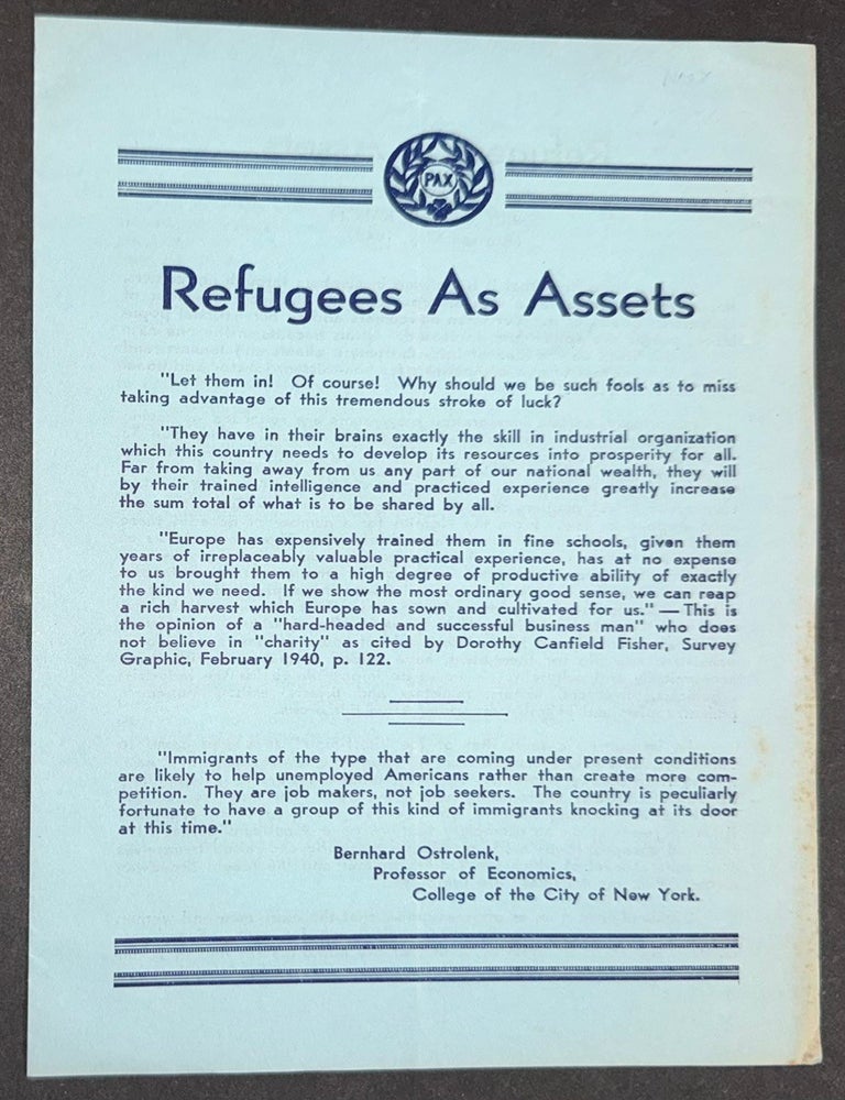Cat.No: 352004 Refugees as Assets. Emily Greene Balch.
