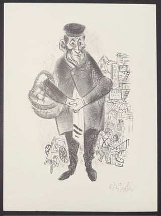 Signed lithograph of a man in a Jewish neighborhood