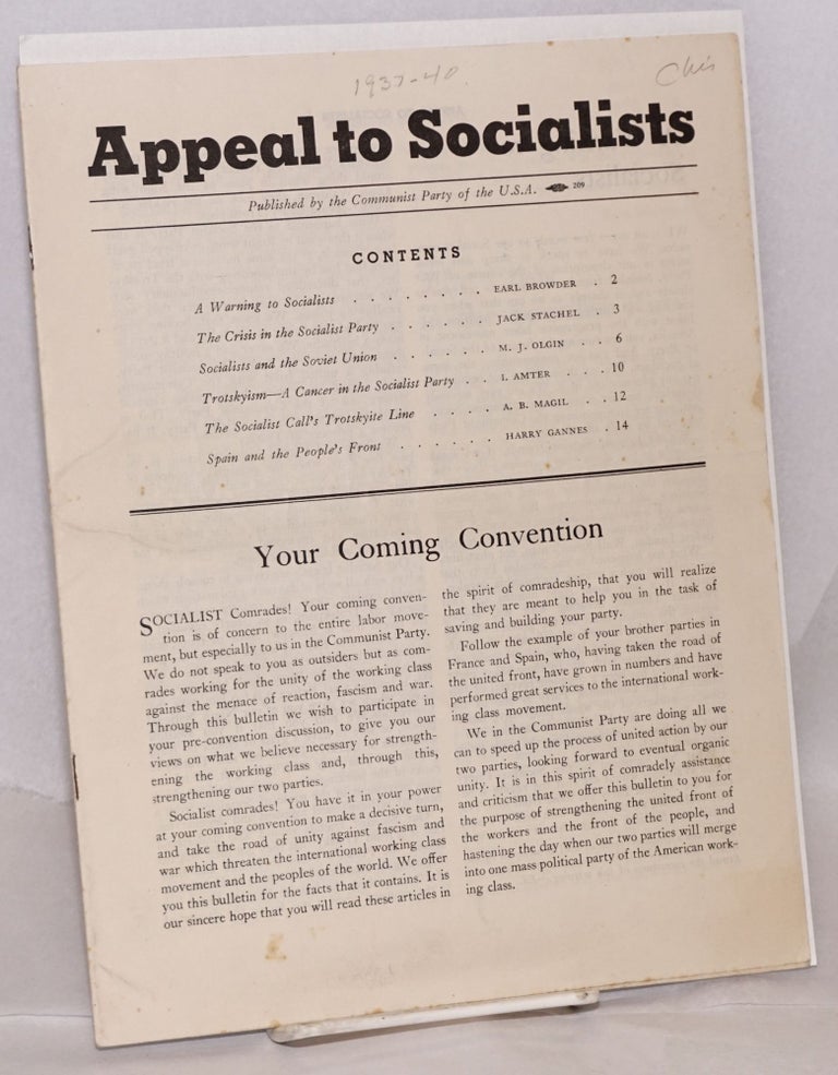 Cat.No: 41853 Appeal to Socialists. USA Communist Party.