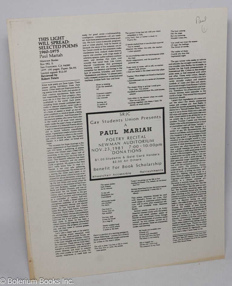 Cat.No: 42566 SRJC Gay Students Union presents a Paul Mariah poetry recital; [handbill/poster] Newman Auditorium, Nov. 23, 1981, 7:00-10:00pm. Paul Mariah, Robert Peters.