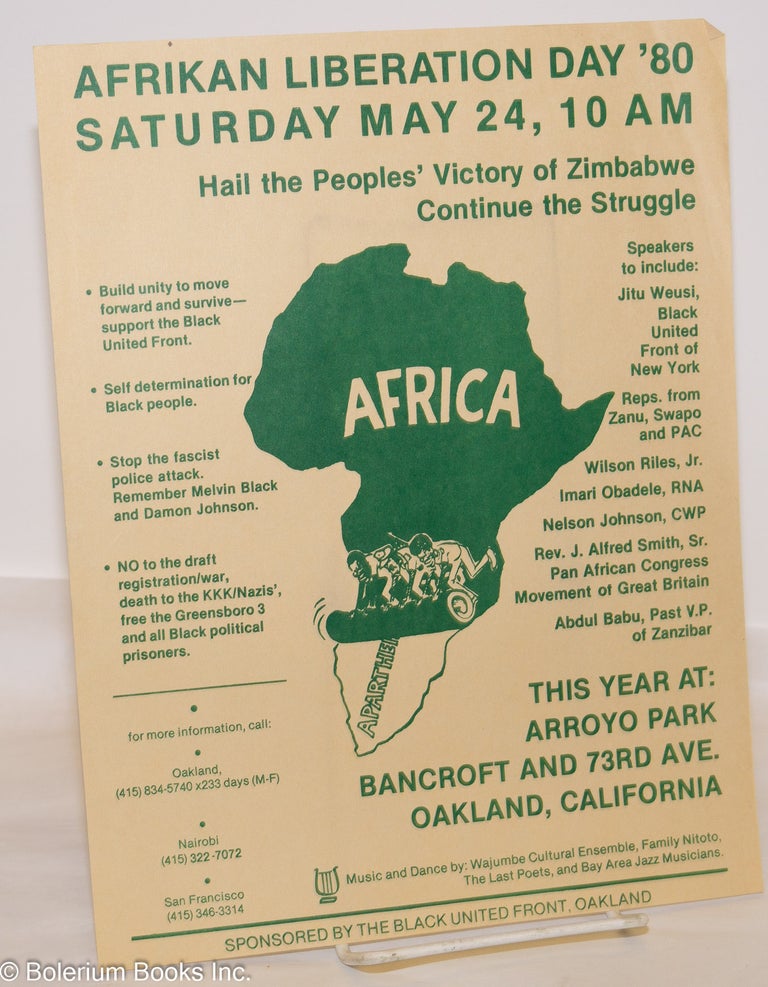 Cat.No: 42749 Afrikan liberation day '80; Saturday May 24, 10 A M, this year at: Arroyo Park, Bancroft and 73rd Ave., Oakland, California