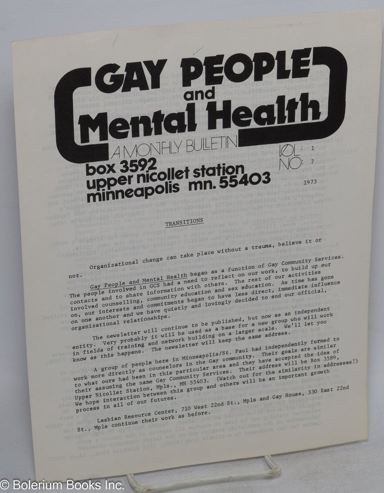 Cat.No: 47232 Gay People and Mental Health: a monthly bulletin; vol. 1