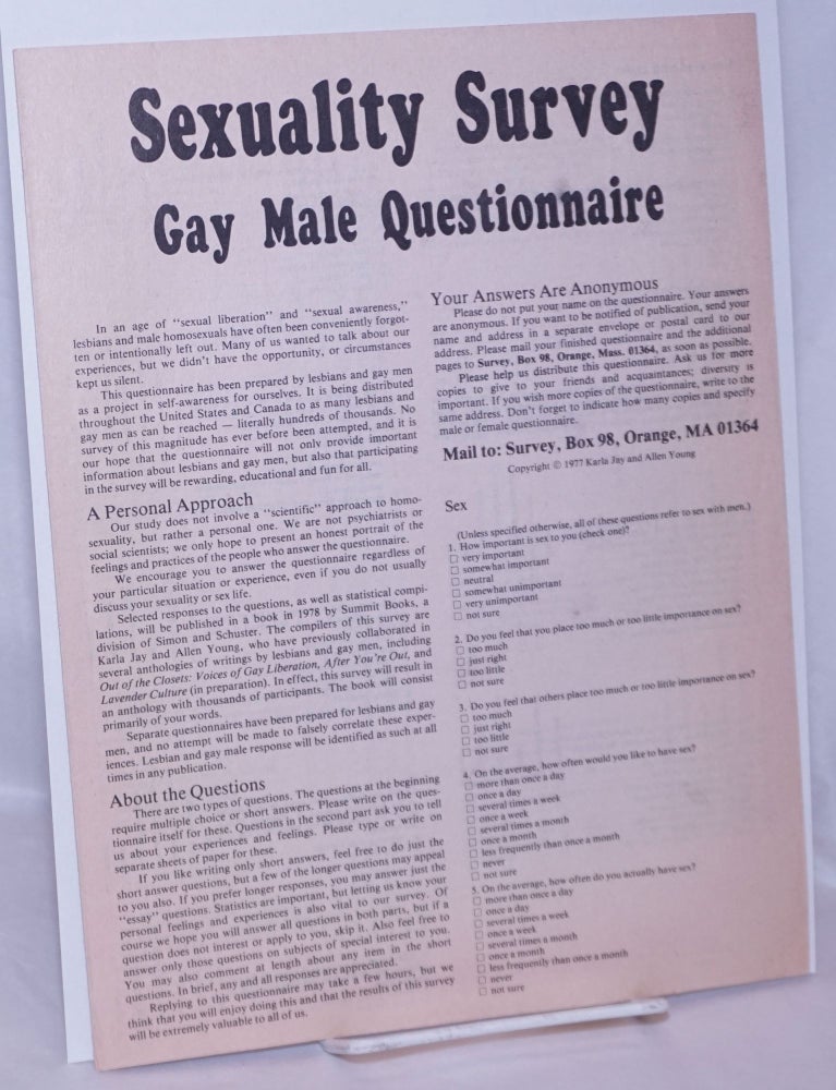 Cat.No: 54117 Sexuality Survey: gay male questionnaire. Karla Jay, Allen Young.