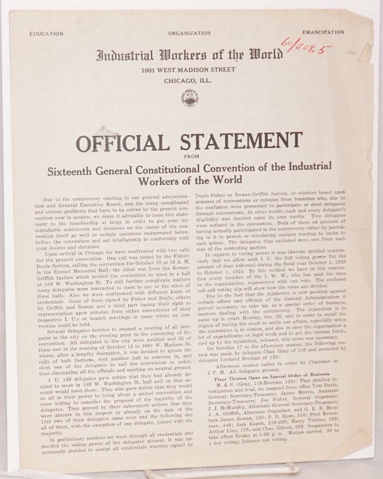 Cat.No: 7463 Official statement from Sixteenth General Constitutional Convention of the Industrial Workers of the World. Industrial Workers of the World.