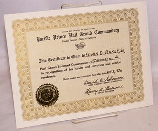 Cat.No: 81195 Certificate. Pacific Prince Hall Grand Commandery. Knights Templar - State...