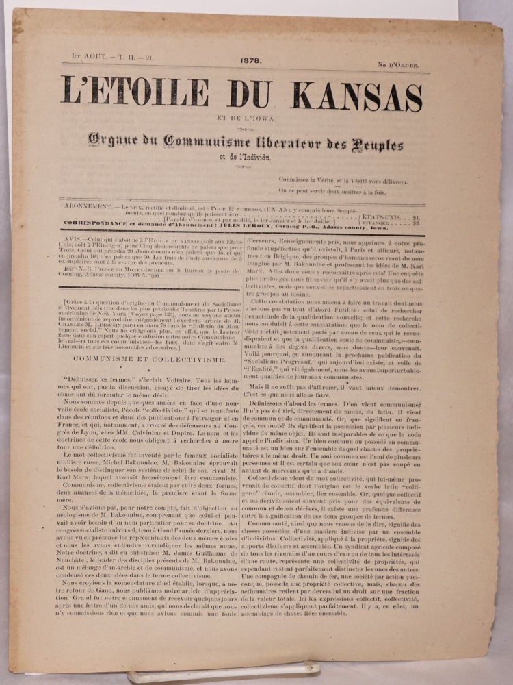 Cat.No: 83687 L'etoile du Kansas et de L'Iowa. Organe du Commuisme liberateur des Peuples et de l'Individu. 1er Aout, 1878. Jules A. M. Leroux.