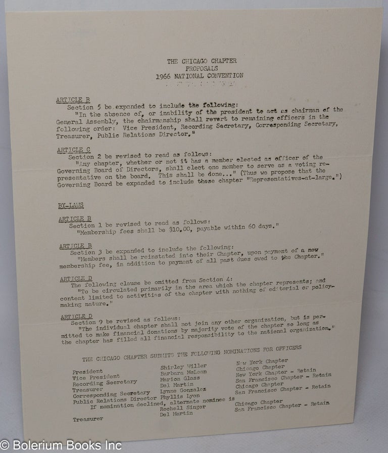 Cat.No: 88092 Proposals, 1966 national convention [handbill/letter]. Chicago Chapter Daughters of Bilitis.